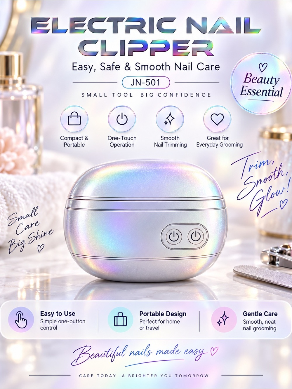 Electric Nail Clipper JN-501 — Iridescent Silver Portable Nail Trimmer